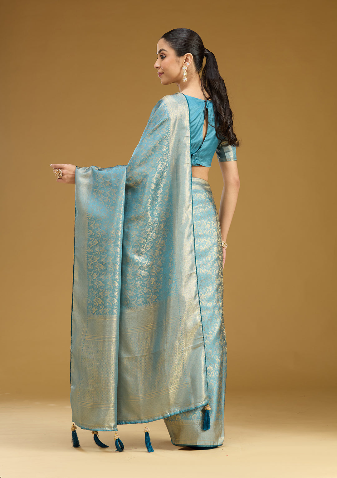 Sky Blue Silk Jaal Gold Zariwork Saree With Matching Blouse Piece