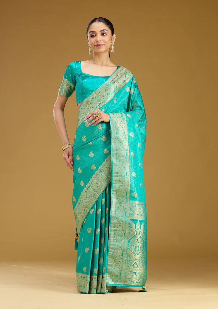 Turquoise Blue Silk Jaal Gold Zariwork Saree With Matching Blouse Piece