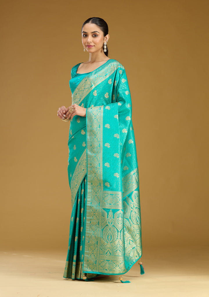 Turquoise Blue Silk Jaal Gold Zariwork Saree With Matching Blouse Piece