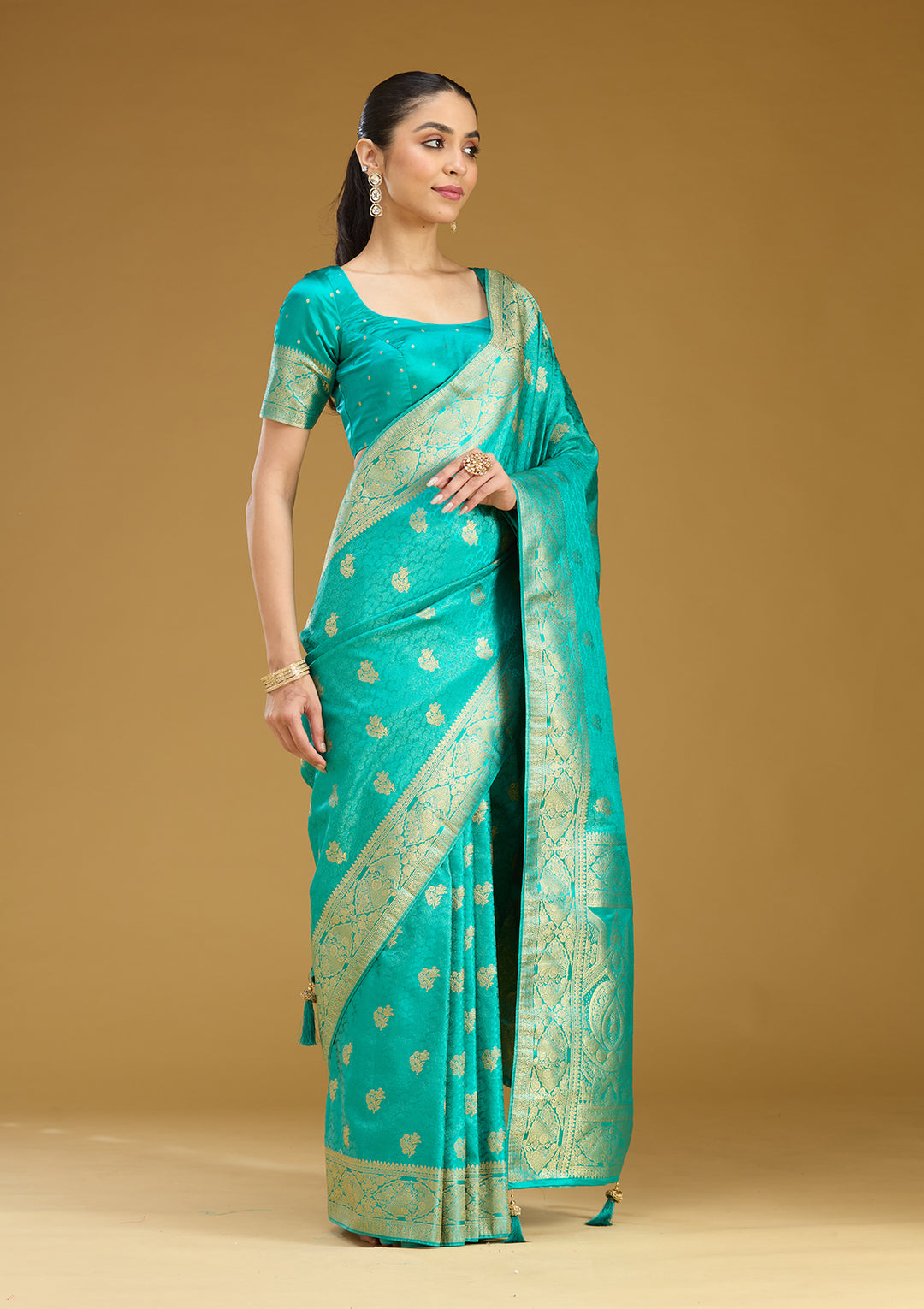 Turquoise Blue Silk Jaal Gold Zariwork Saree With Matching Blouse Piece