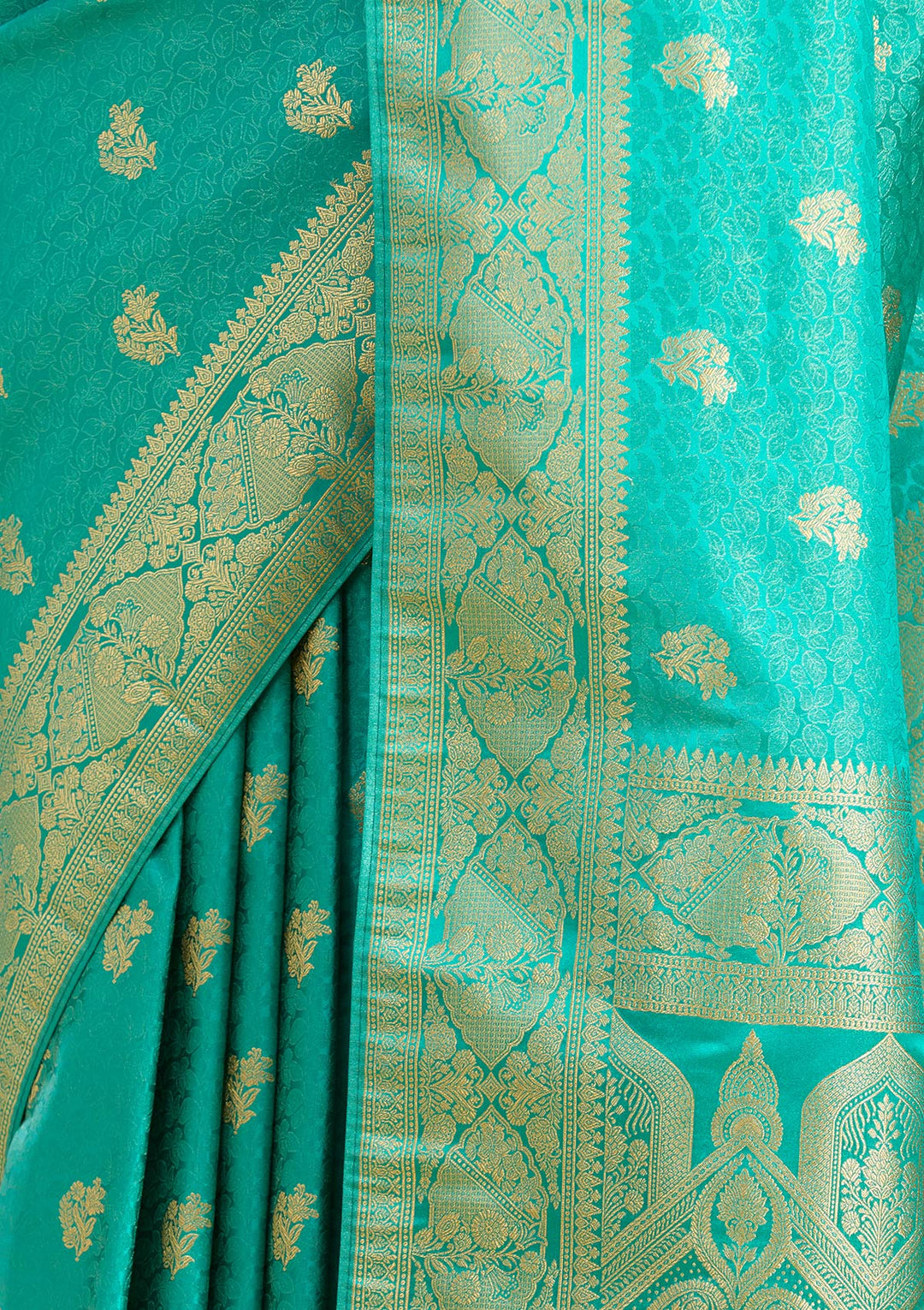 Turquoise Blue Silk Jaal Gold Zariwork Saree With Matching Blouse Piece