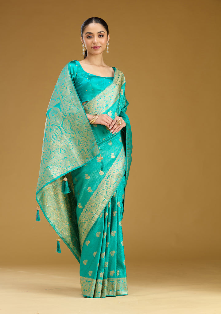Turquoise Blue Silk Jaal Gold Zariwork Saree With Matching Blouse Piece