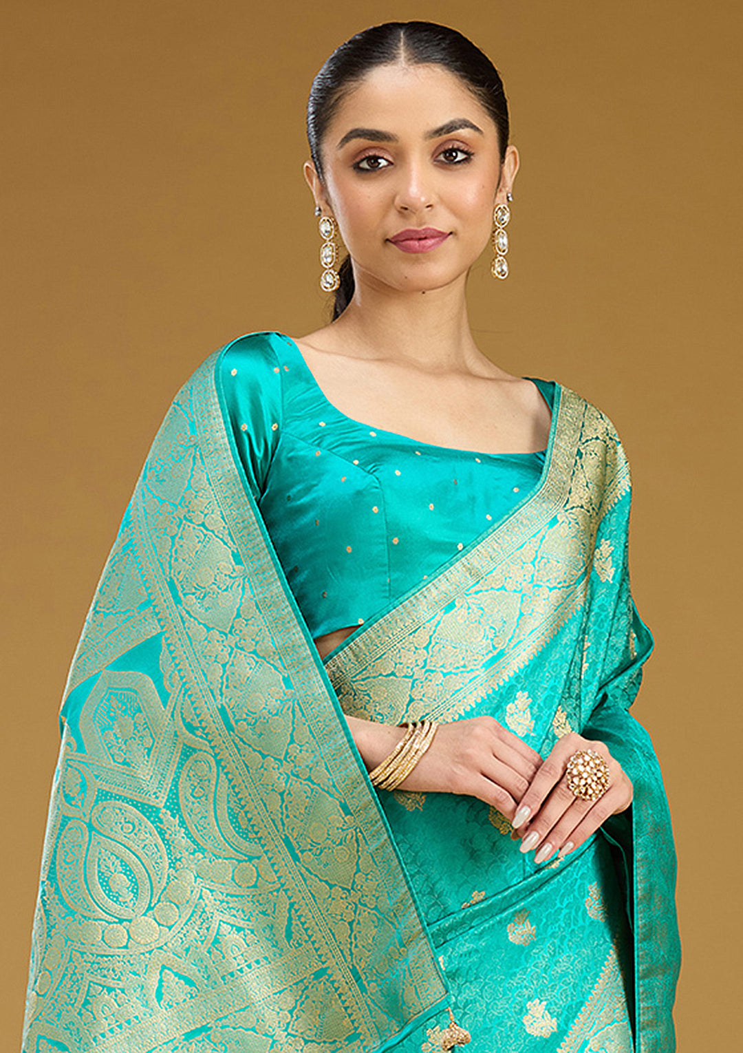 Turquoise Blue Silk Jaal Gold Zariwork Saree With Matching Blouse Piece