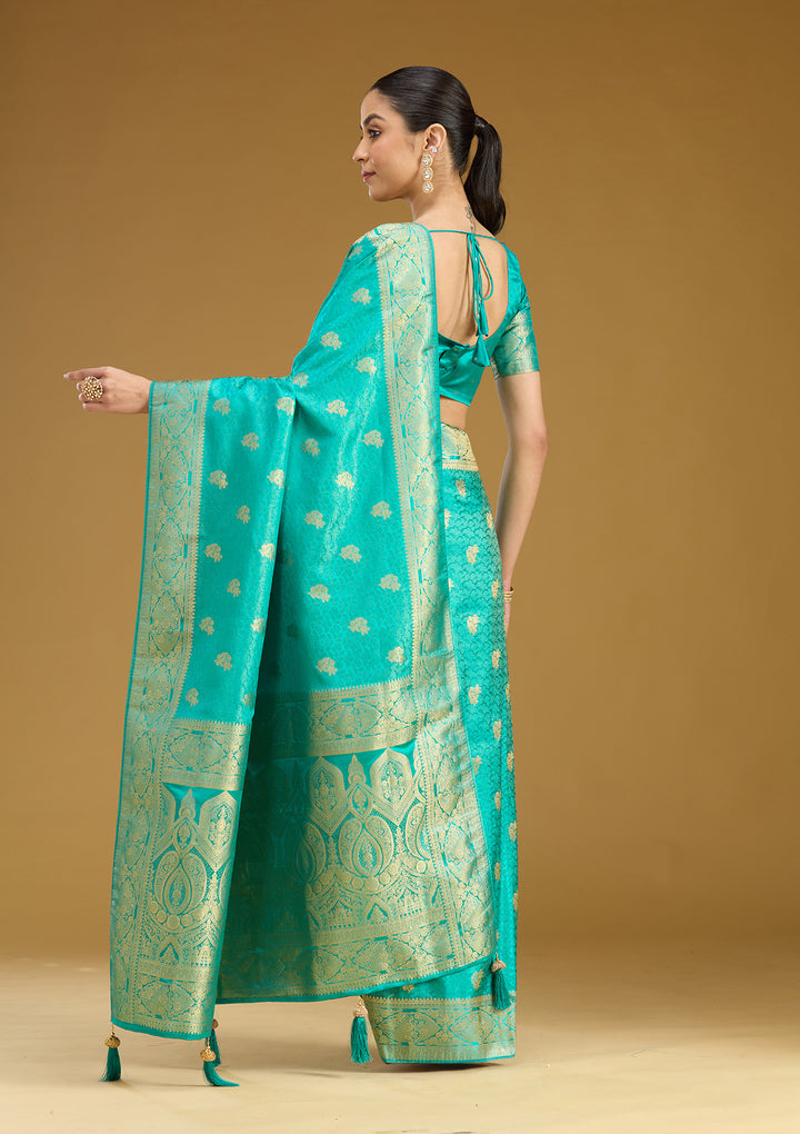 Turquoise Blue Silk Jaal Gold Zariwork Saree With Matching Blouse Piece