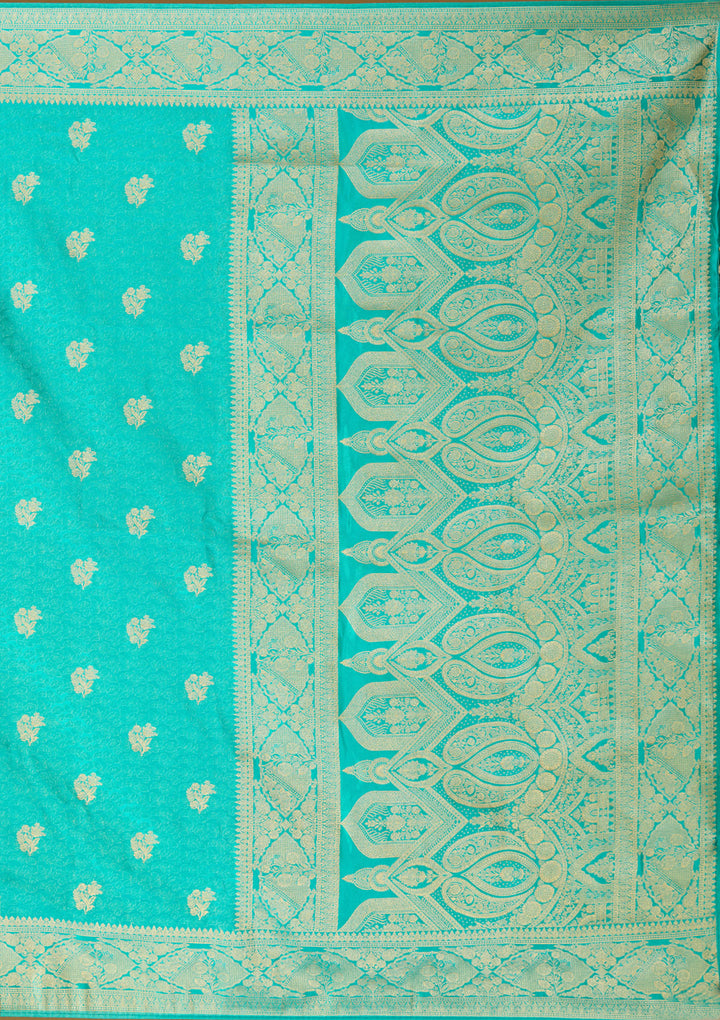 Turquoise Blue Silk Jaal Gold Zariwork Saree With Matching Blouse Piece