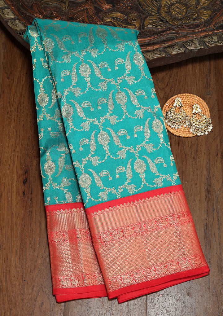 Peacock Green Pure Silk Jaal Zariwork Saree With Matching Blouse Piece