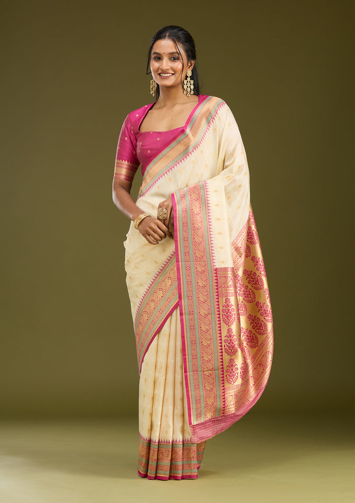 Off White Silk Buti Gold Zariwork Saree With Matching Blouse Piece