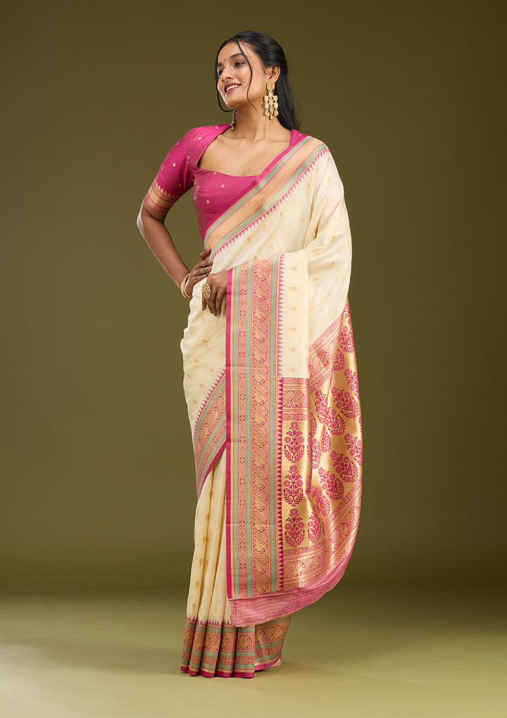 Off White Silk Buti Gold Zariwork Saree With Matching Blouse Piece