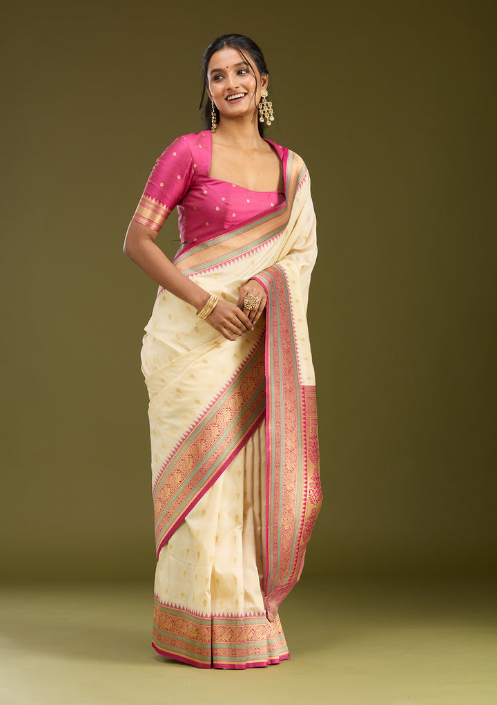 Off White Silk Buti Gold Zariwork Saree With Matching Blouse Piece
