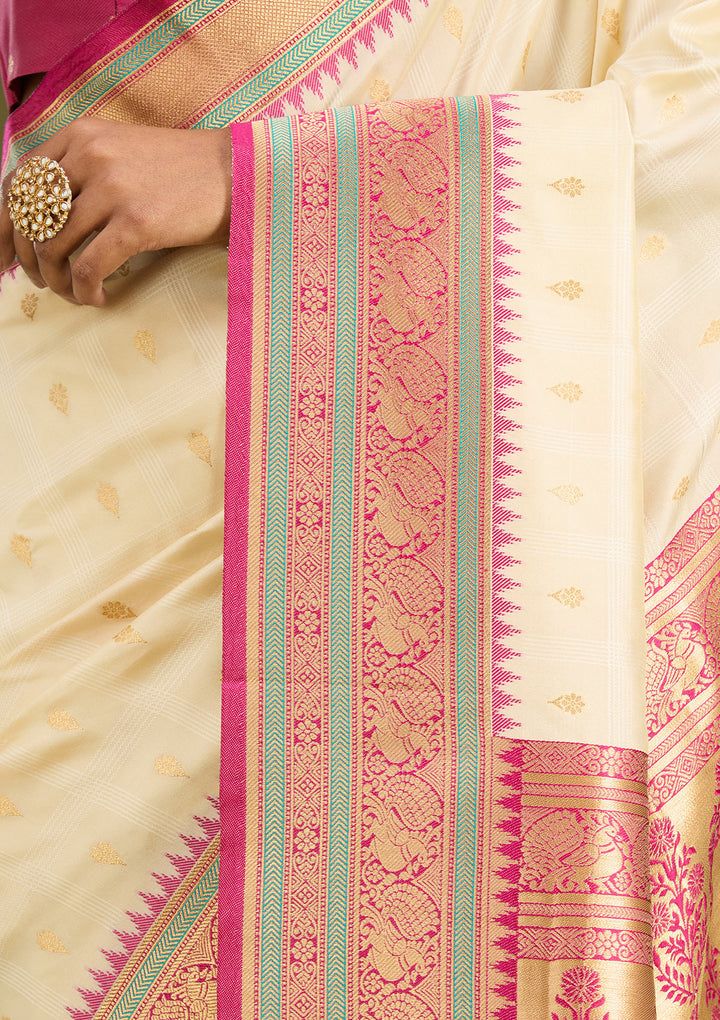 Off White Silk Buti Gold Zariwork Saree With Matching Blouse Piece