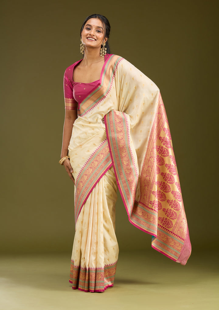 Off White Silk Buti Gold Zariwork Saree With Matching Blouse Piece