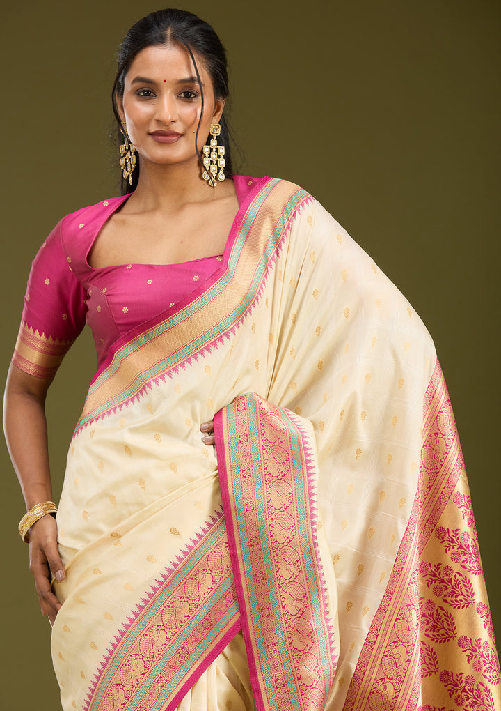 Off White Silk Buti Gold Zariwork Saree With Matching Blouse Piece