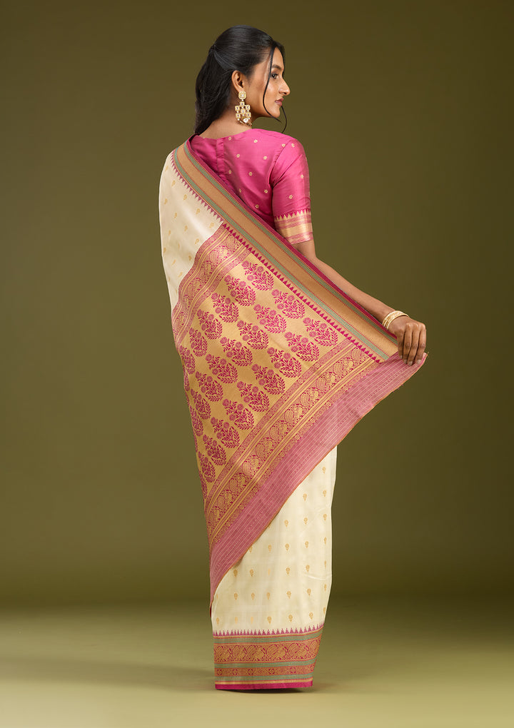 Off White Silk Buti Gold Zariwork Saree With Matching Blouse Piece
