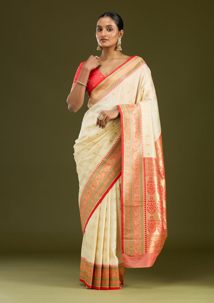 Off White Silk Buti Gold Zariwork Saree With Matching Blouse Piece