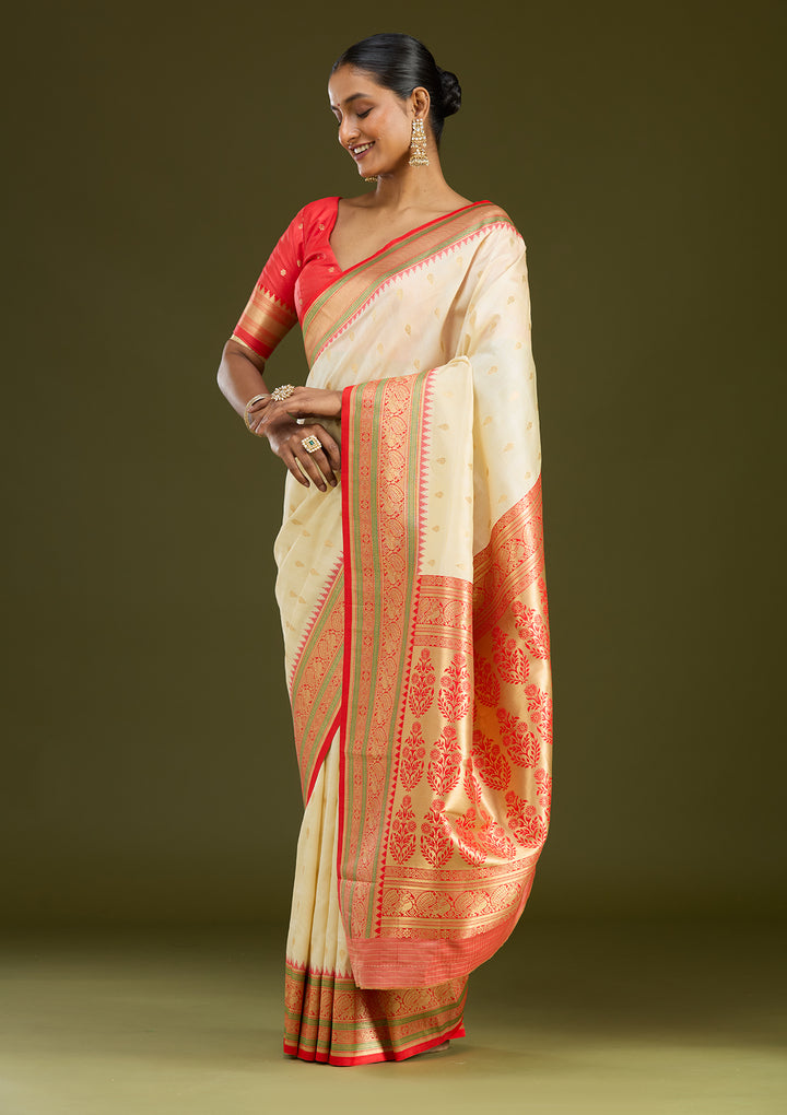 Off White Silk Buti Gold Zariwork Saree With Matching Blouse Piece
