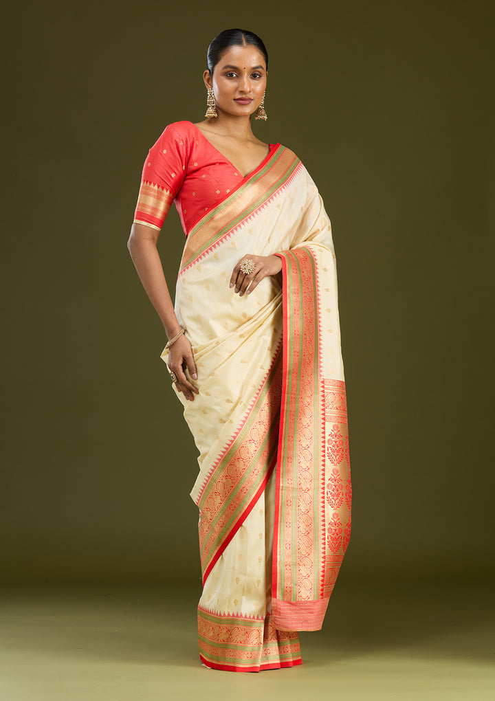 Off White Silk Buti Gold Zariwork Saree With Matching Blouse Piece
