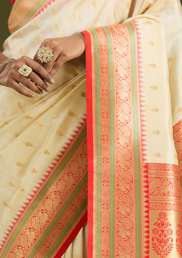 Off White Silk Buti Gold Zariwork Saree With Matching Blouse Piece