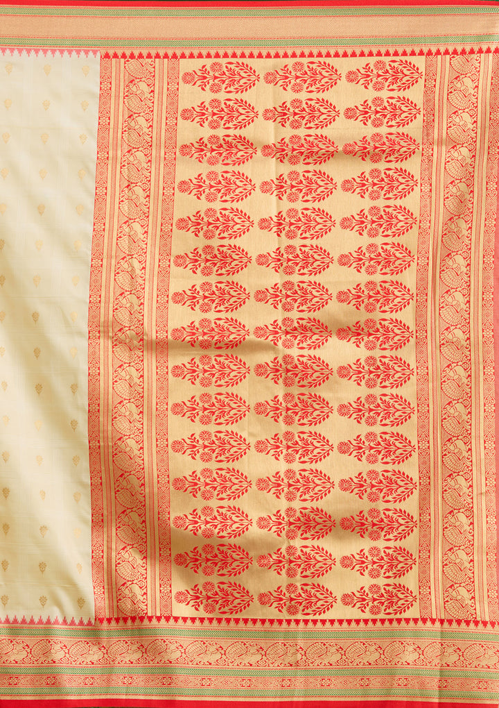 Off White Silk Buti Gold Zariwork Saree With Matching Blouse Piece