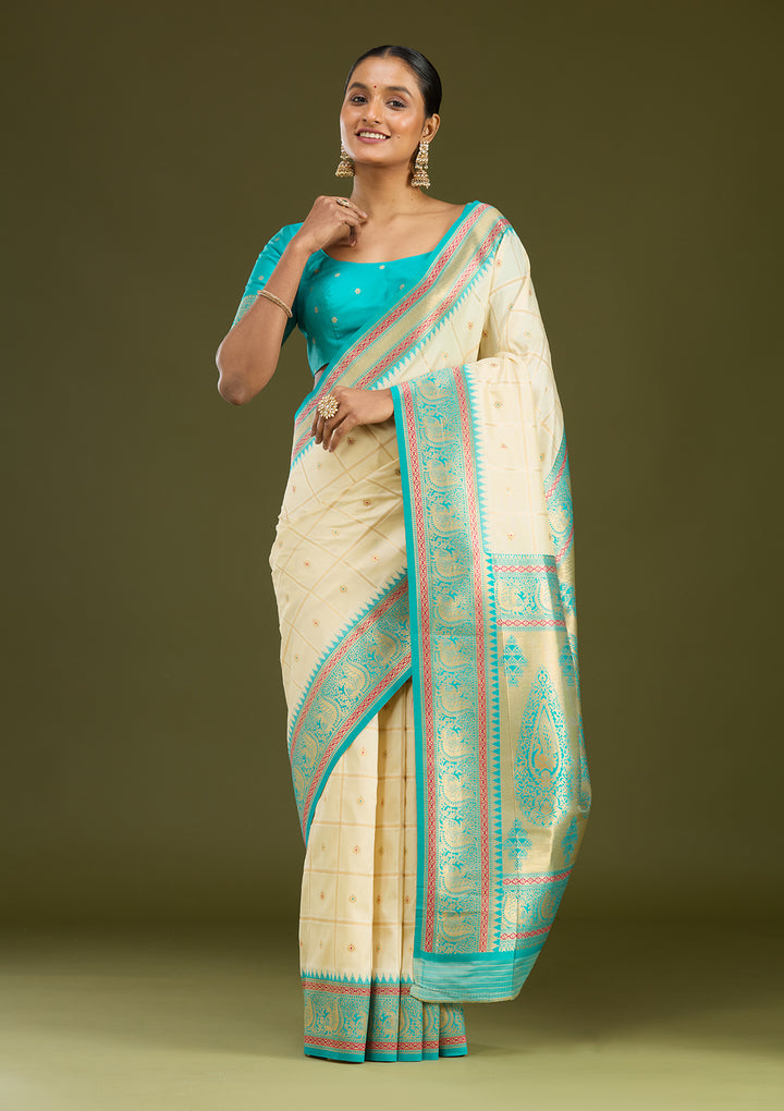 Off White Silk Checks Gold Zariwork Saree With Matching Blouse Piece