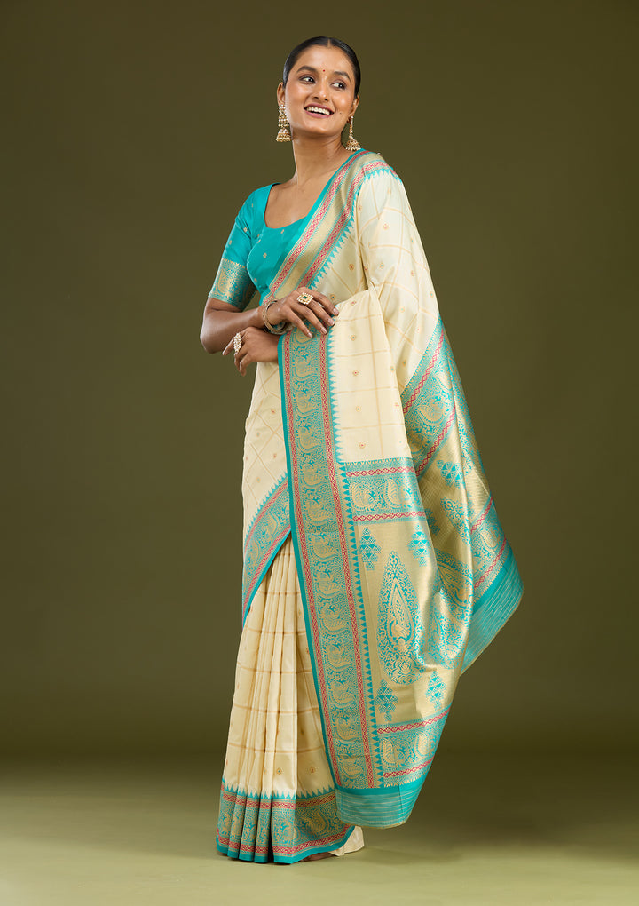 Off White Silk Checks Gold Zariwork Saree With Matching Blouse Piece