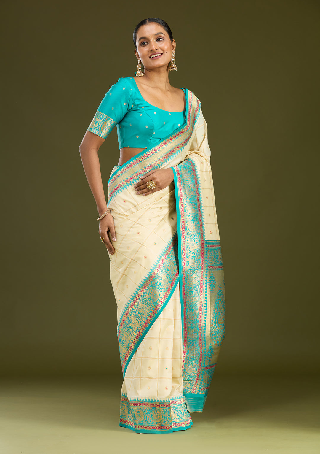 Off White Silk Checks Gold Zariwork Saree With Matching Blouse Piece