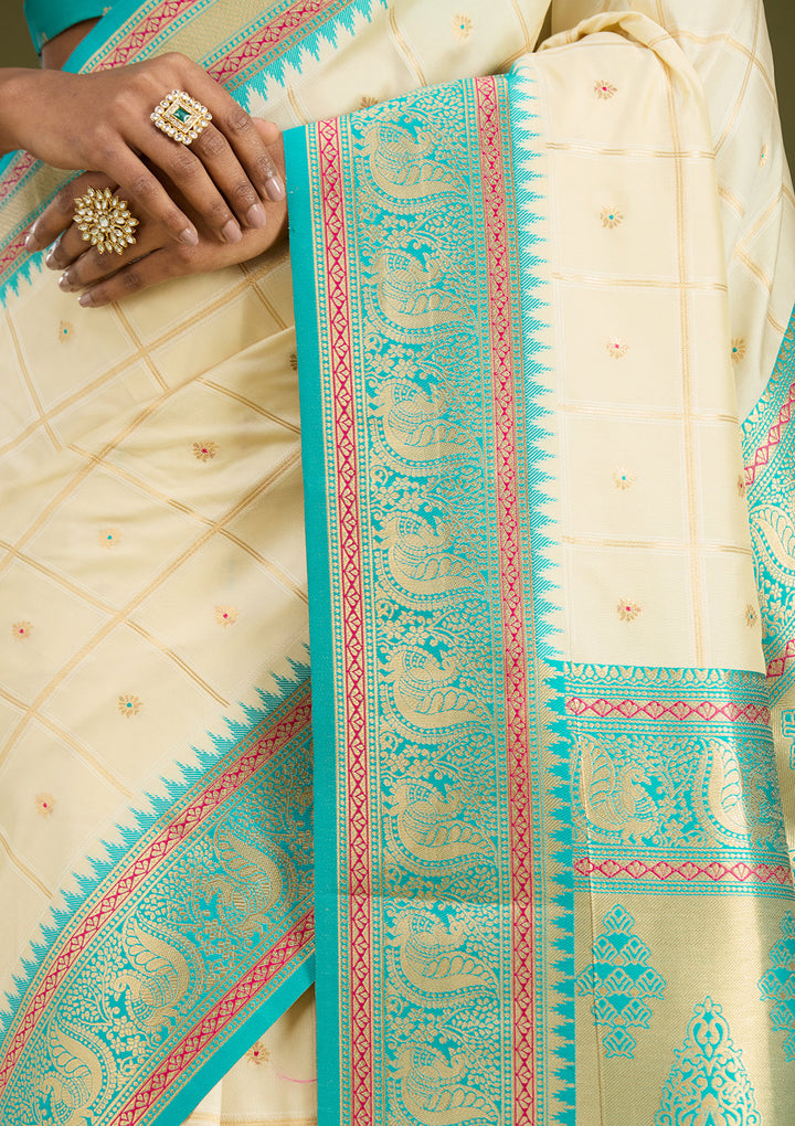 Off White Silk Checks Gold Zariwork Saree With Matching Blouse Piece