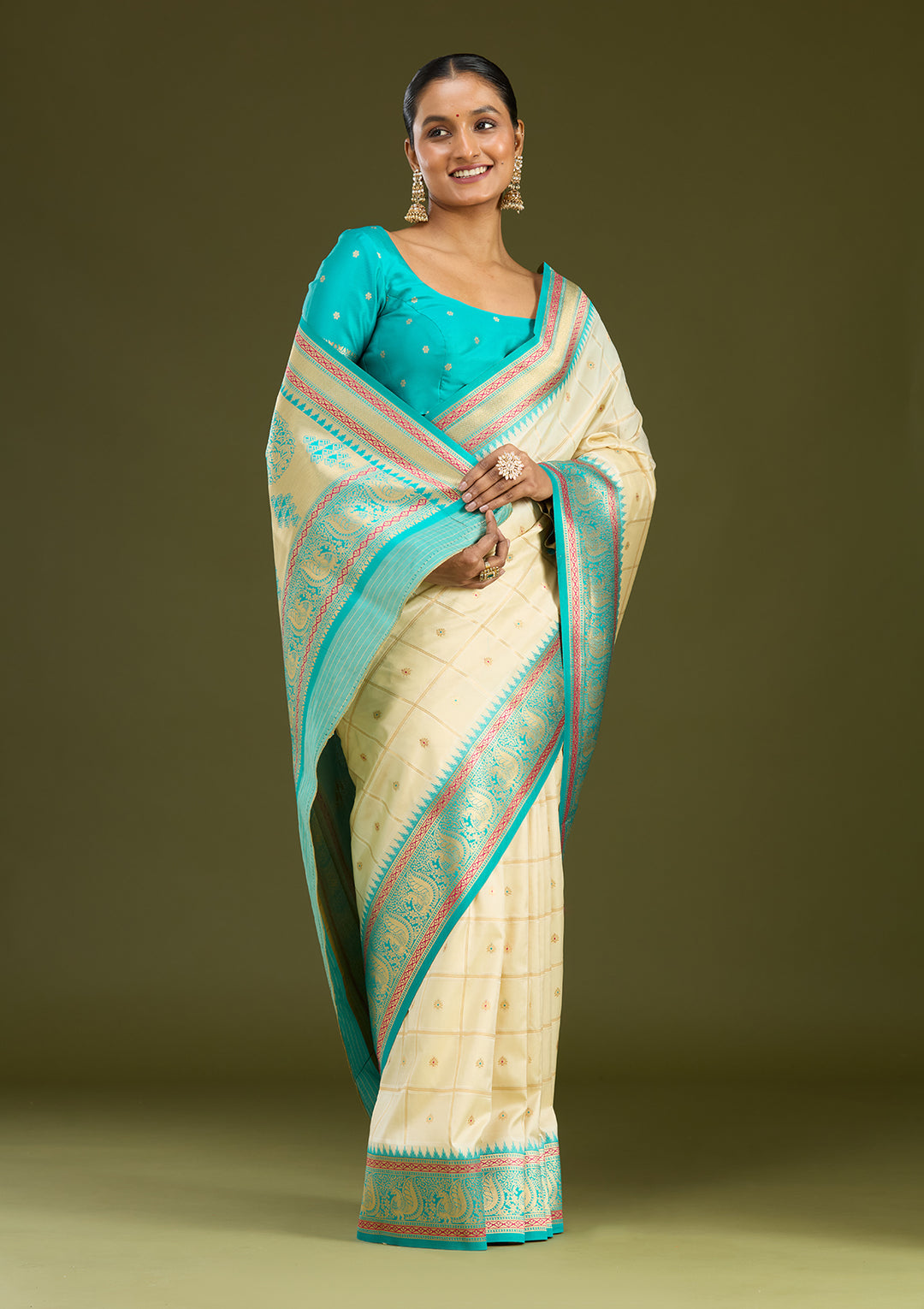 Off White Silk Checks Gold Zariwork Saree With Matching Blouse Piece