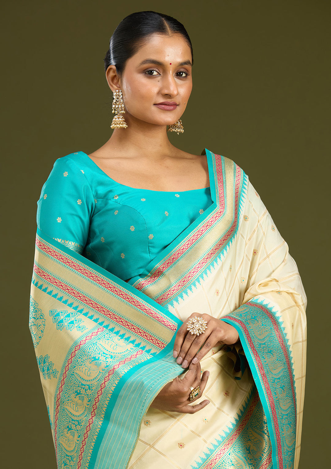Off White Silk Checks Gold Zariwork Saree With Matching Blouse Piece