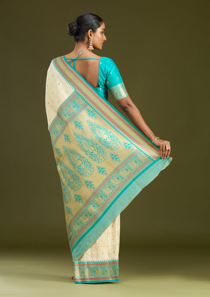 Off White Silk Checks Gold Zariwork Saree With Matching Blouse Piece