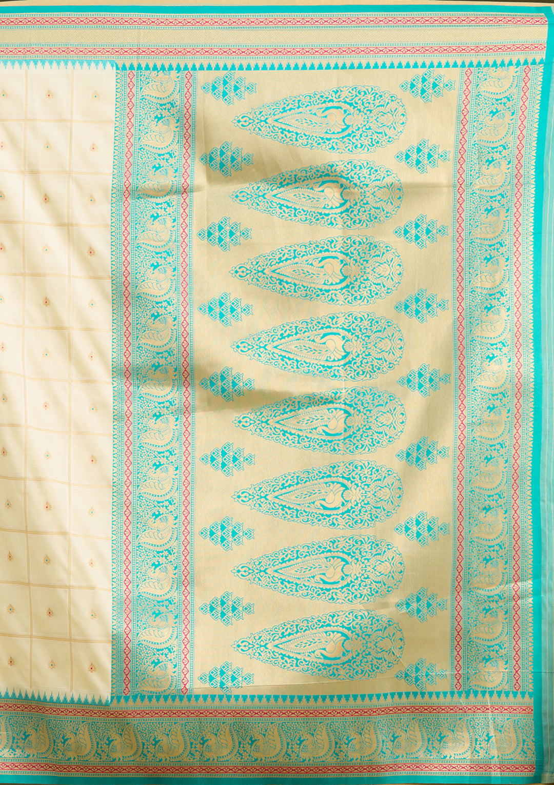 Off White Silk Checks Gold Zariwork Saree With Matching Blouse Piece