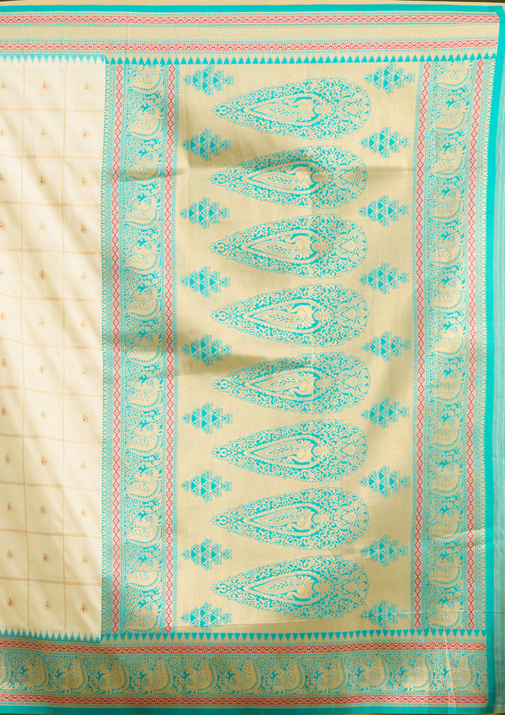 Off White Silk Checks Gold Zariwork Saree With Matching Blouse Piece