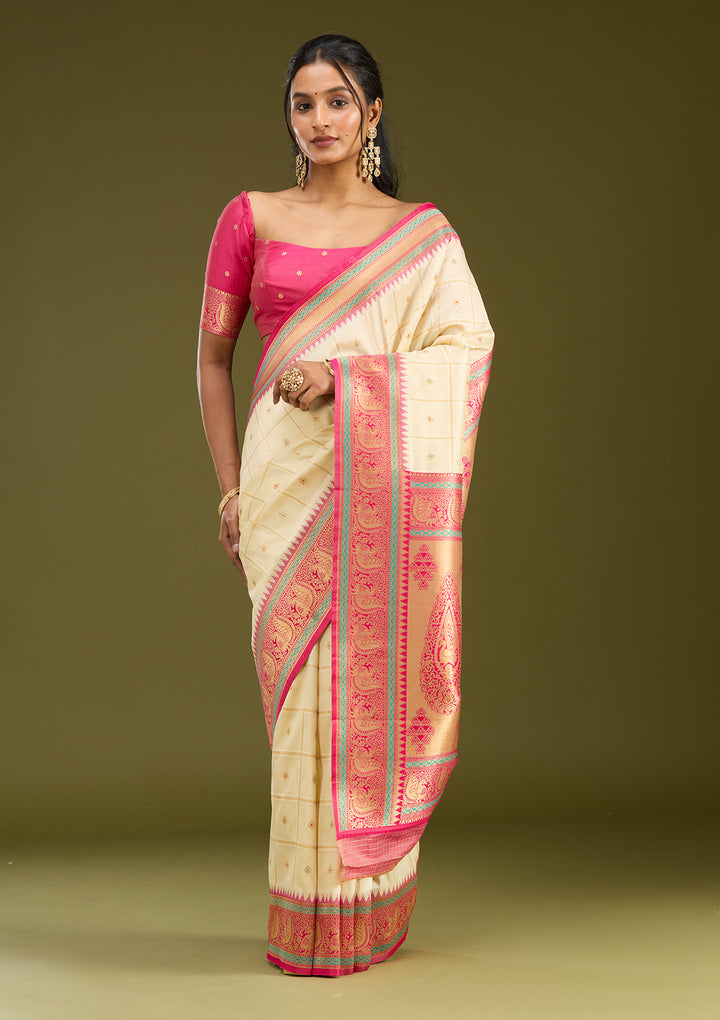 Off White Silk Checks Gold Zariwork Saree With Matching Blouse Piece