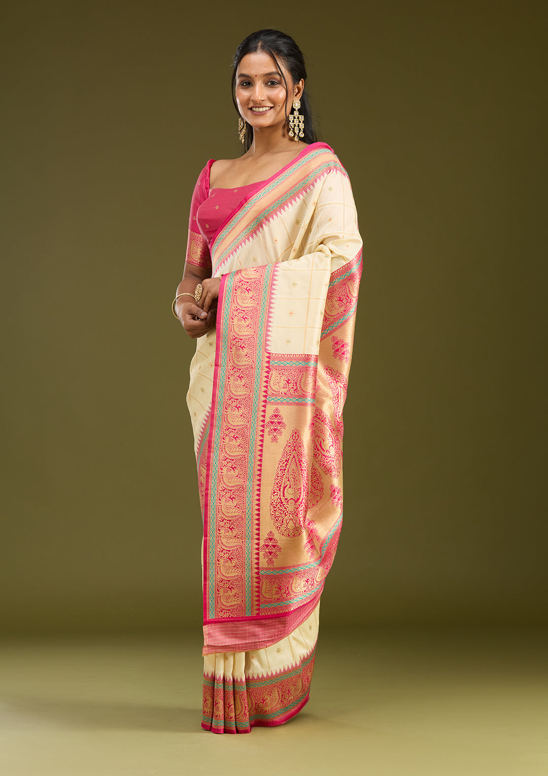 Off White Silk Checks Gold Zariwork Saree With Matching Blouse Piece