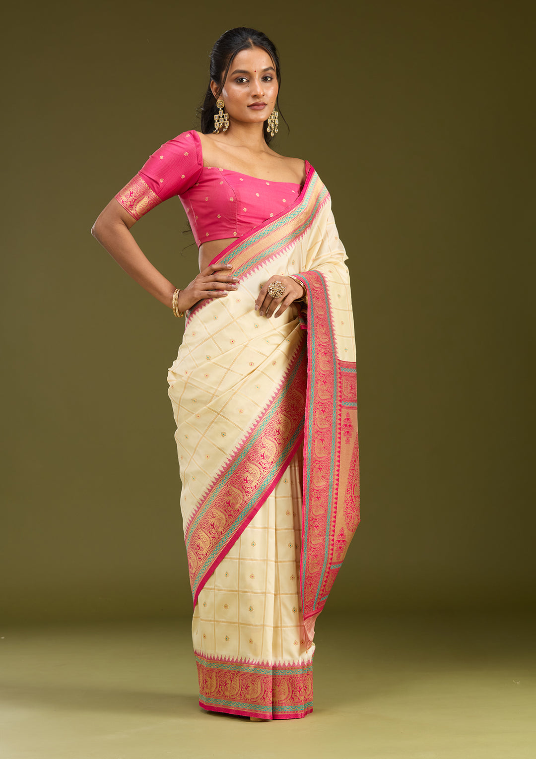 Off White Silk Checks Gold Zariwork Saree With Matching Blouse Piece