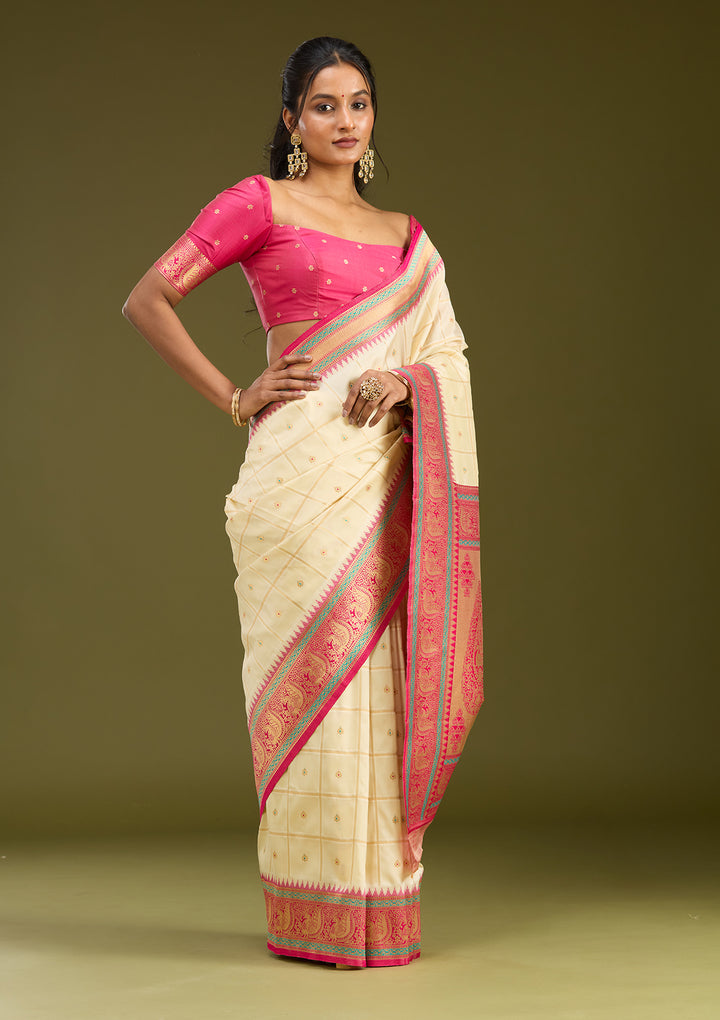 Off White Silk Checks Gold Zariwork Saree With Matching Blouse Piece