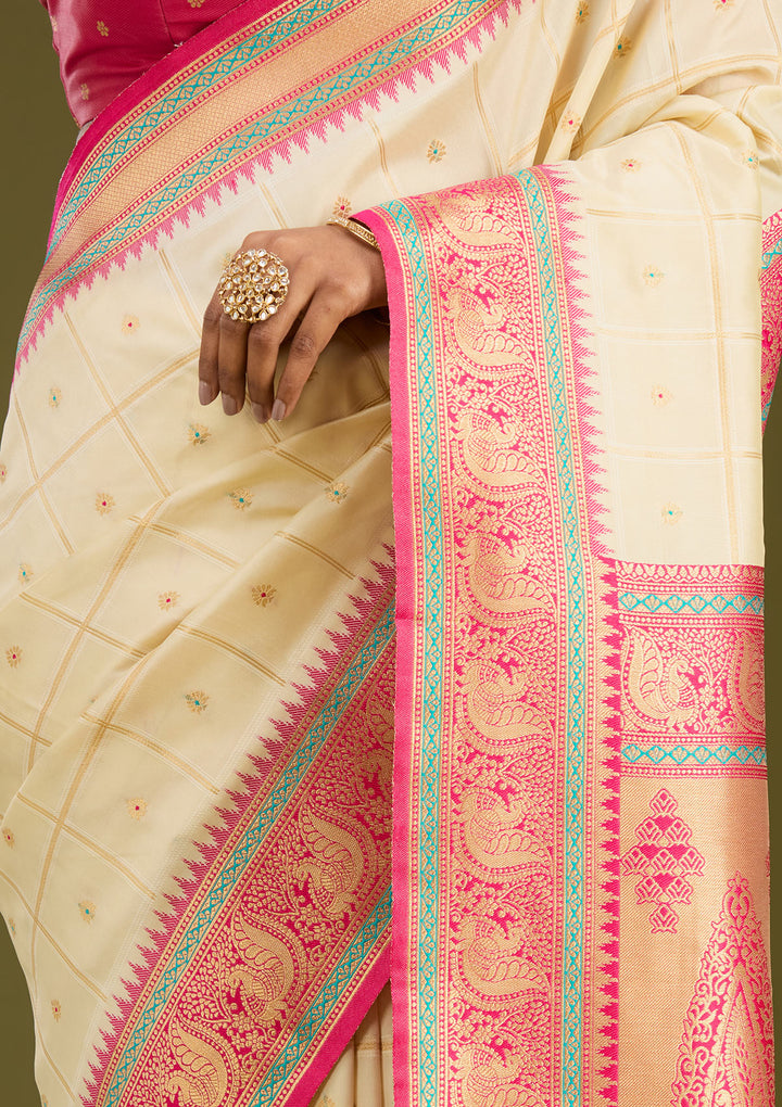 Off White Silk Checks Gold Zariwork Saree With Matching Blouse Piece