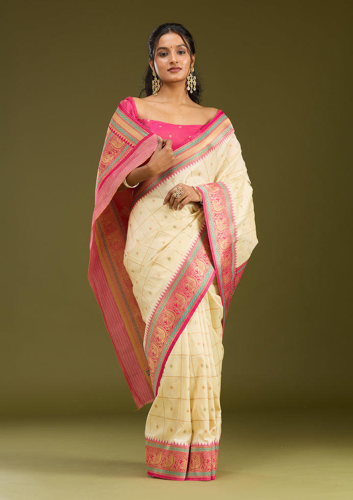 Off White Silk Checks Gold Zariwork Saree With Matching Blouse Piece