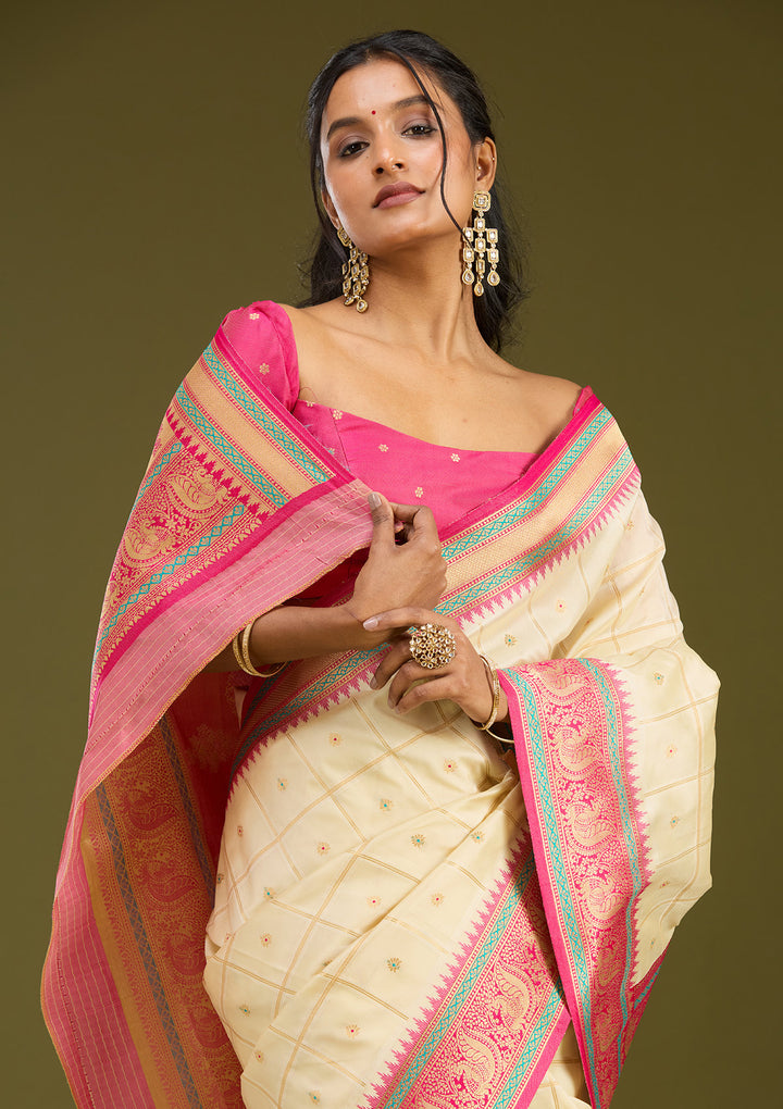 Off White Silk Checks Gold Zariwork Saree With Matching Blouse Piece