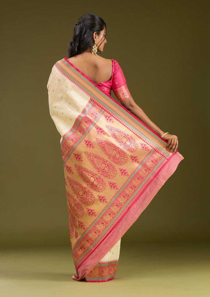 Off White Silk Checks Gold Zariwork Saree With Matching Blouse Piece