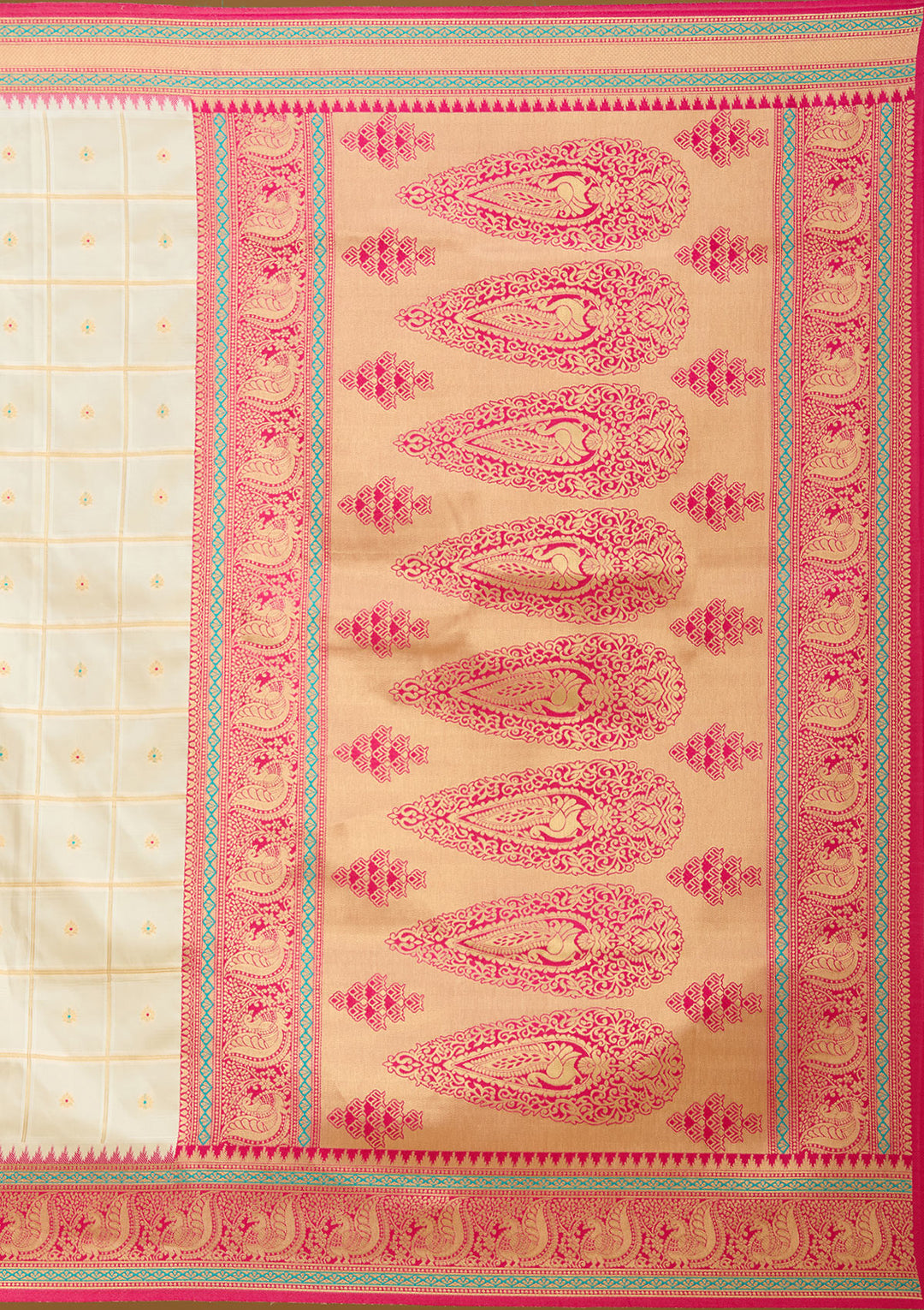 Off White Silk Checks Gold Zariwork Saree With Matching Blouse Piece