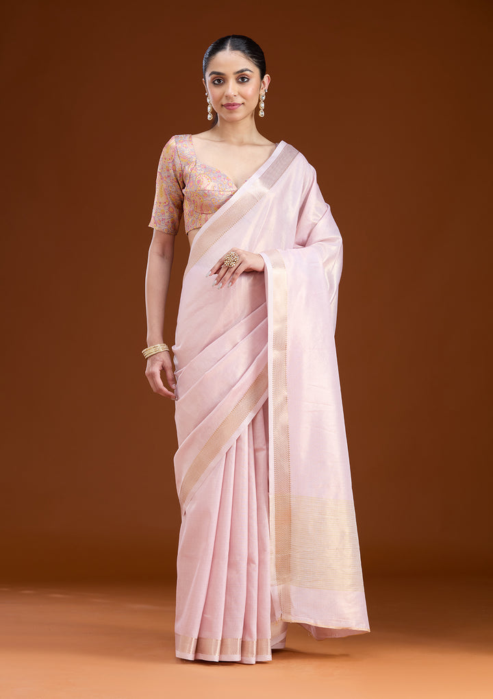 Baby Pink Silk Plain Gold Zariwork Saree With Matching Blouse Piece
