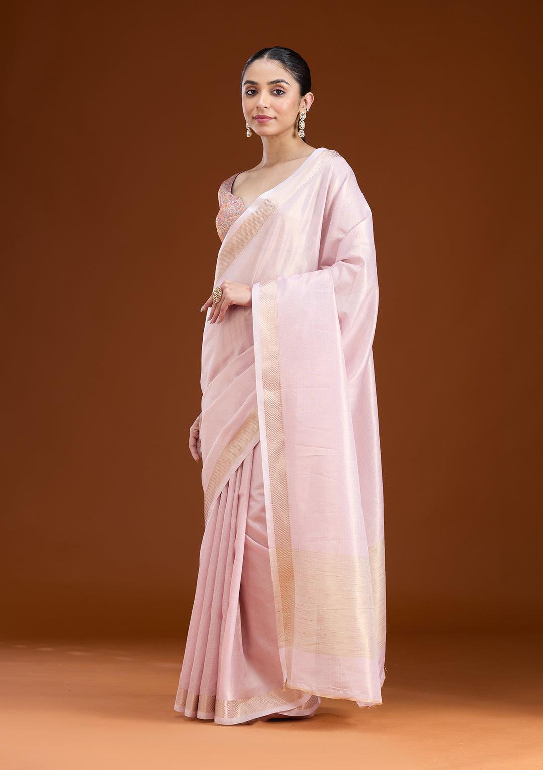 Baby Pink Silk Plain Gold Zariwork Saree With Matching Blouse Piece