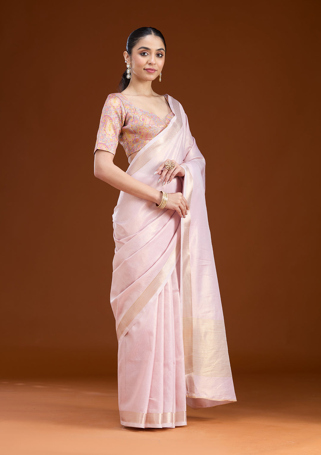 Baby Pink Silk Plain Gold Zariwork Saree With Matching Blouse Piece