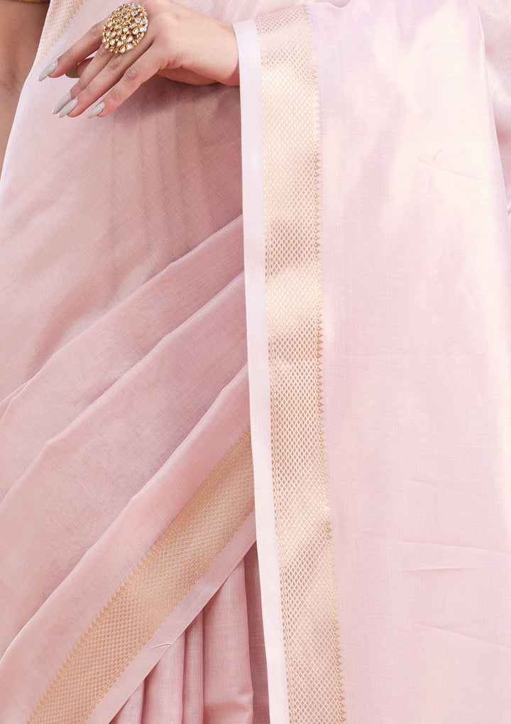 Baby Pink Silk Plain Gold Zariwork Saree With Matching Blouse Piece