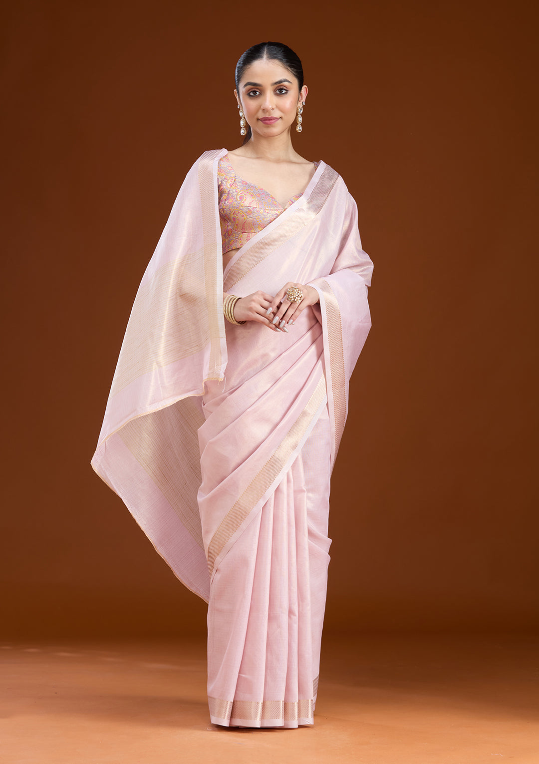 Baby Pink Silk Plain Gold Zariwork Saree With Matching Blouse Piece