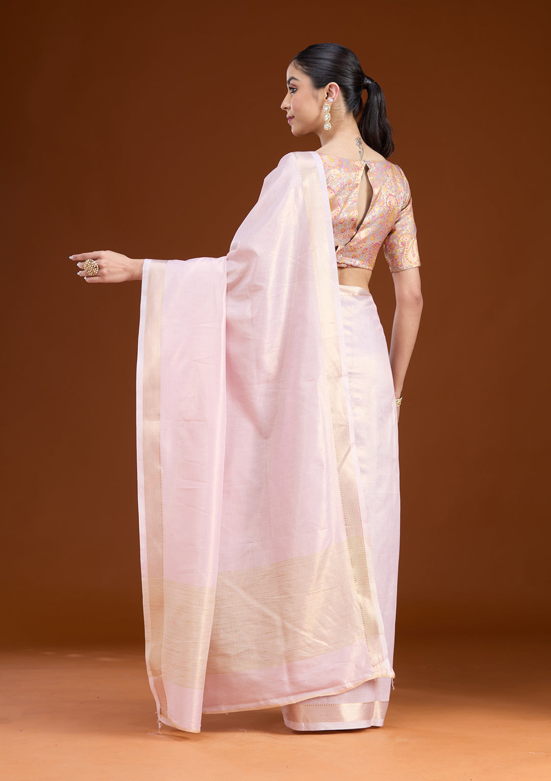 Baby Pink Silk Plain Gold Zariwork Saree With Matching Blouse Piece