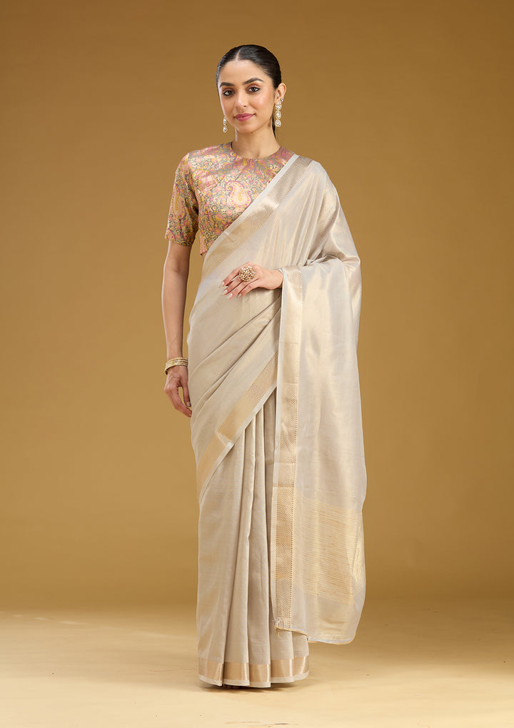 Grey Silk Plain Gold Zariwork Saree With Matching Blouse Piece