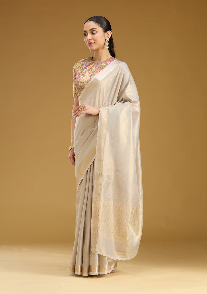 Grey Silk Plain Gold Zariwork Saree With Matching Blouse Piece