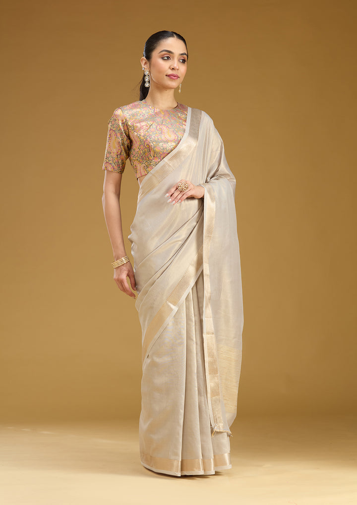 Grey Silk Plain Gold Zariwork Saree With Matching Blouse Piece
