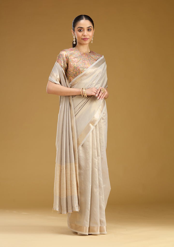 Grey Silk Plain Gold Zariwork Saree With Matching Blouse Piece